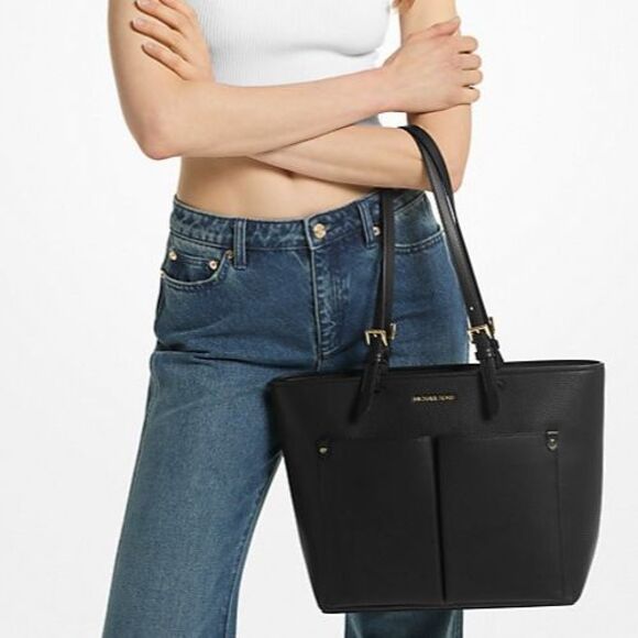 New Michael Kors Jet Set Travel Medium Double Pocket Tote Black - Picture 5 of 5